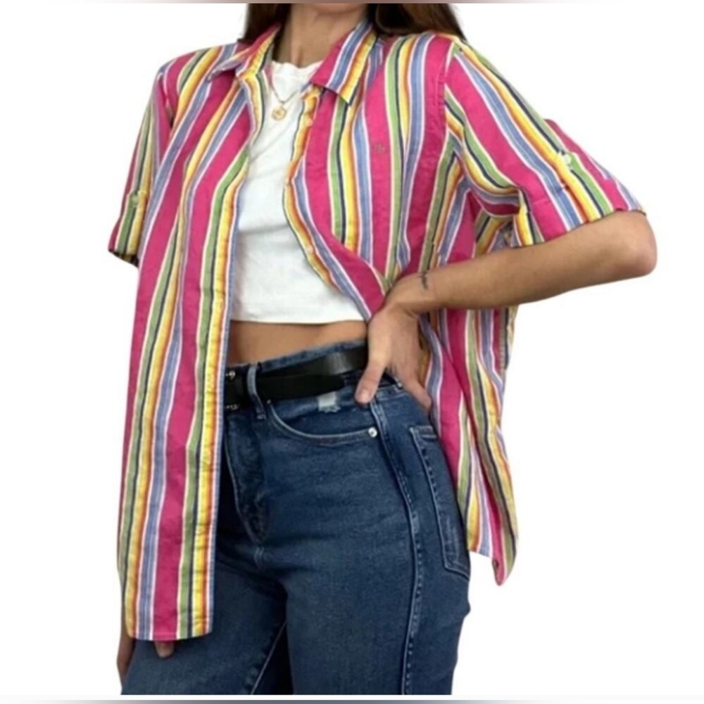 Ralph Lauren Bright Rainbow Stripe 100% Linen shirt Size 1X Short sleeve Button